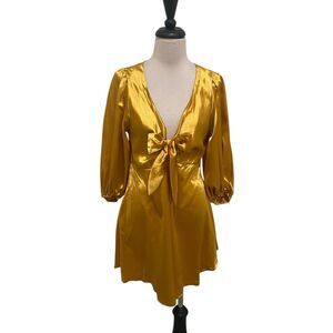 Vonda Women's Satin Bow Deep V-neck 3/4 Sleeve A-Line Dress Gold Medium NWT